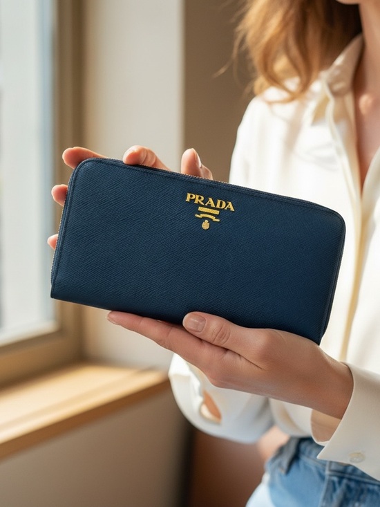 Prada Handbags - Excellent Blue Prada Zip-Around Wallet with Gold Accents